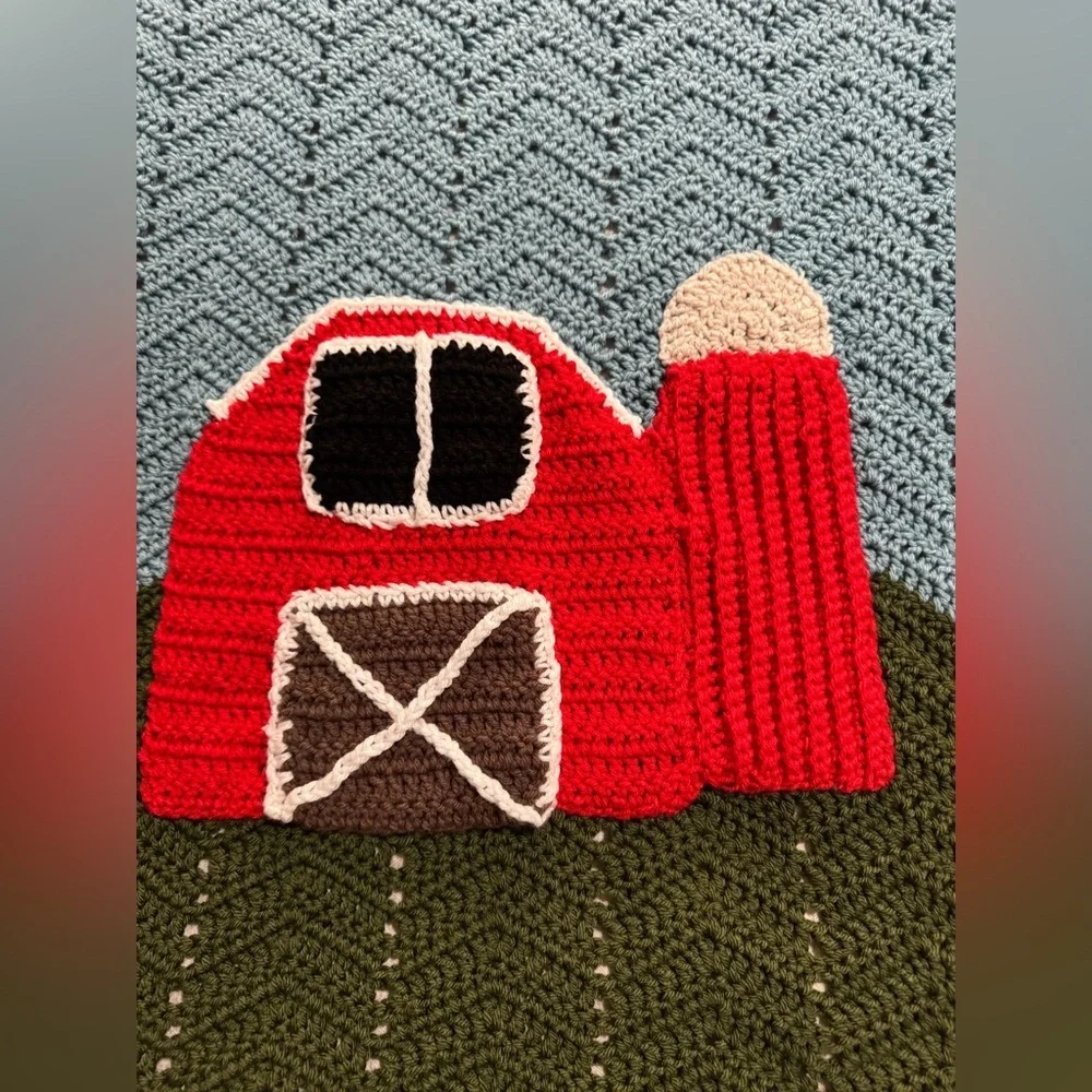 Farm Themed Crochet Blanket featuring a barn, chicken, tractor and hay bale